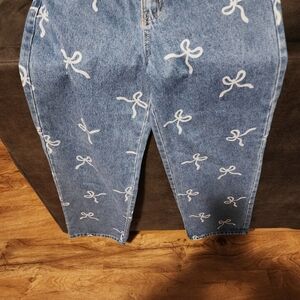 GOGO Blue Jeans with White Bow Pattern